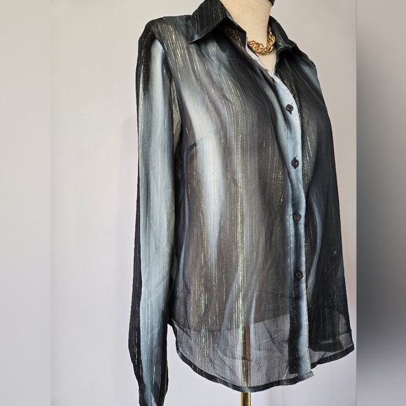 Ninety Sheer Black, Teal And Metallic Gold Blouse. Size Medium - Picture 3 of 11
